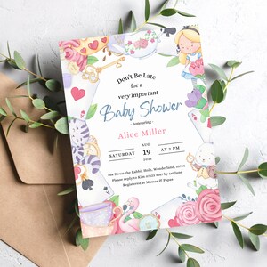 Alice In Wonderland Baby Shower Invitation Cute Alice Baby Girl Shower Invites Vintage Alice in Wonderland Baby Shower Tea Party Template