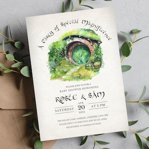 May include: A baby shower invitation with a watercolor illustration of a hobbit hole. The invitation reads "A PiRcy of Special Magnificence" and includes the names "Rosze & Sam", the date "Saturday April 20, 2024", and the time "At 2 PM".