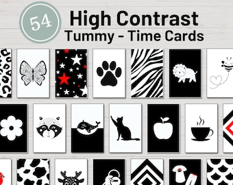 54 Black and White Tummy Time Cards | High Contrast Baby Sensory Cards  | Flashcards For Babies | Newborn Toys | Printable kontrastkarten