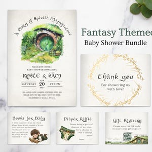 May include: Fantasy-themed baby shower bundle featuring an invitation with a hobbit hole illustration, thank you cards, and inserts for books, diapers, and gift registry. The invitation includes the names Rosze & Sam, date, and time.