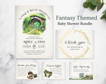 Fantasy Themed Baby Shower Invitation Cards Bundle, LOTR Elven Party Printable Geeky Books for Baby Diaper Raffle, QR Code, Hobbit Inspired
