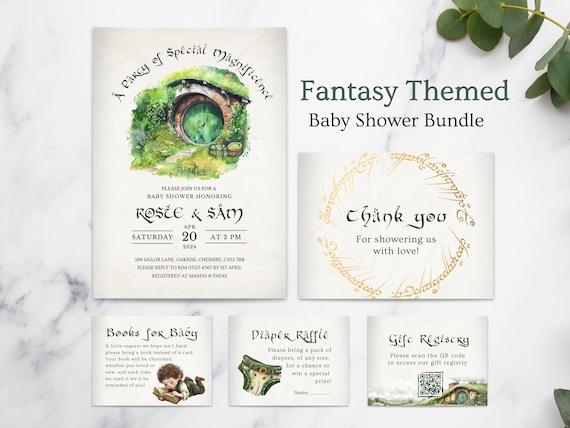 Fantasy Themed Baby Shower Invitation Cards Bundle, LOTR Elven Party Printable Geeky Books for Baby Diaper Raffle, QR Code, Hobbit Inspired