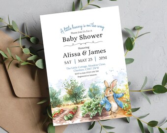 Peter Rabbit Baby Shower Invitation, Peter Rabbit Invite, Easter Baby Shower Invites, Spring Baby Shower Ideas, Peter Rabbit Themed, Bunny