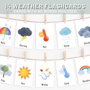14 flashcards meteorológicos para crianças | Flashcards meteorológicos sem palavras | Primeiras palavras para crianças | Jardim de Infância | Montessoriano | Imprimível