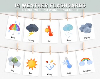 14 Weather Flashcards for Toddlers | Weather Flashcards Without Words | First Words for Toddlers | Kindergarten | Montessori | Printable
