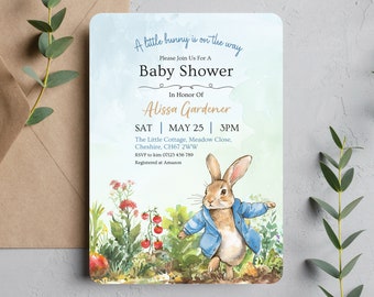 Peter Rabbit Baby Shower Invitation, Peter Rabbit Invite, Easter Baby Shower Invites, Spring Baby Shower Ideas, Peter Rabbit Themed, Bunny