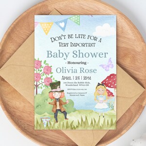 Alice In Wonderland Baby Shower Invitation Cute Alice Baby Girl Shower Invites Vintage Alice in Wonderland Baby Shower Tea Party Template