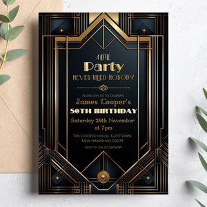 Great Gatsby-uitnodiging, afdrukbare verjaardagsuitnodiging jaren 1920, digitaal, zwart en goud Roaring 20s uitnodiging, Murder Mystery 50e verjaardag