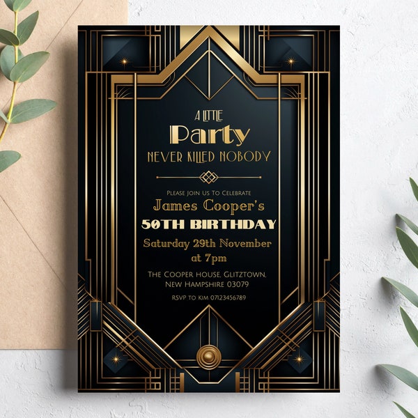 Great Gatsby Invitation, Printable 1920s Birthday Invitation Digital, Black and Gold Roaring 20s Invitation, Murder Mystery 50th Birthday