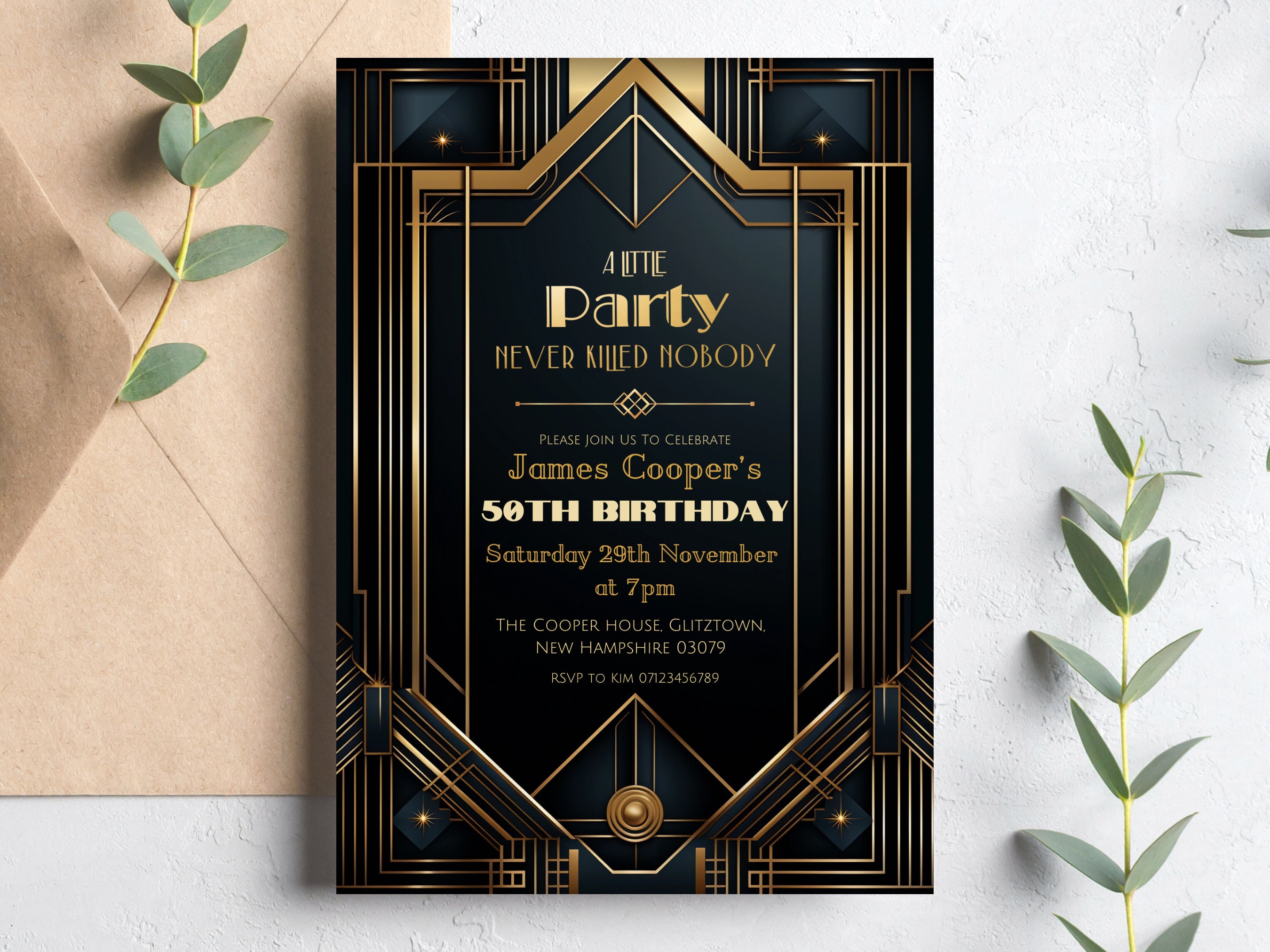 Great Gatsby Invitation, Printable 1920s Birthday Invitation Digital, Black and Gold Roaring 20s Invitation, Murder Mystery 50th Birthday