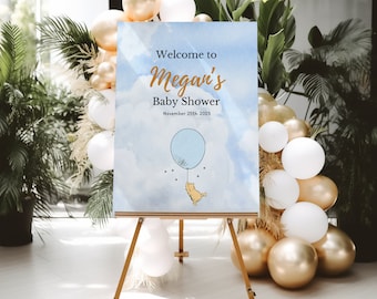 Panneau de bienvenue classique Winnie l’ourson pour baby shower, panneau de bienvenue pour bébé, panneaux de baby shower, décorations imprimables, modèle modifiable