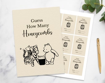 Guess How Many Honeycombs Sign | Classic Pooh Bear Baby Shower Game | Vintage Winnie The Pooh | A4 & US Letter | Baby Shower Decorations