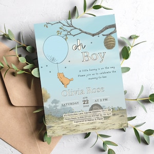Winnie the Pooh Baby Shower Invitations | Classic Winnie the Pooh Themed Baby Shower | Printable Template | Pooh Bear Gender Neutral Invite