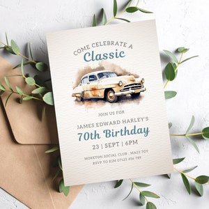 Vintage Car Birthday Invitation, 70th Birthday Invitation, Classic Car Lover Birthday Theme, Classic Chevy Invite, Chevrolet evite men