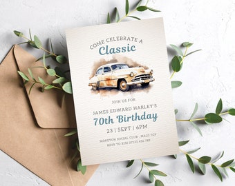 Vintage Car Birthday Invitation, 70th Birthday Invitation, Classic Car Lover Birthday Theme, Classic Chevy Invite, Chevrolet evite men