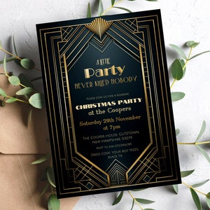 Zaproszenie na imprezę świąteczną Great Gatsby, drukowane zaproszenie z lat 20. XX wieku, czarno-złote zaproszenie świąteczne Roaring 20's, Speakeasy