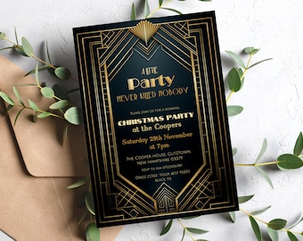 Great Gatsby Christmas Party Invitation, Printable 1920s Invitation Digital, Black Gold Roaring 20's Christmas Invitation, Speakeasy