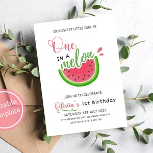 One in a Melon Invitation, One in a Melon First Birthday, Watermelon Birthday, 1st Birthday, Invitation Template, Berry First Birthday