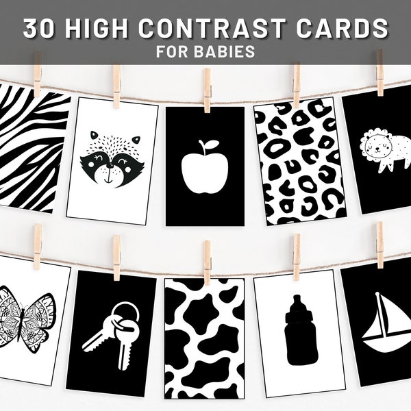 High Contrast Sensory Cards For Babies | Montessori Flashcards | Black and White Tummy Time Cards | Newborn Development Toys | Monochrome