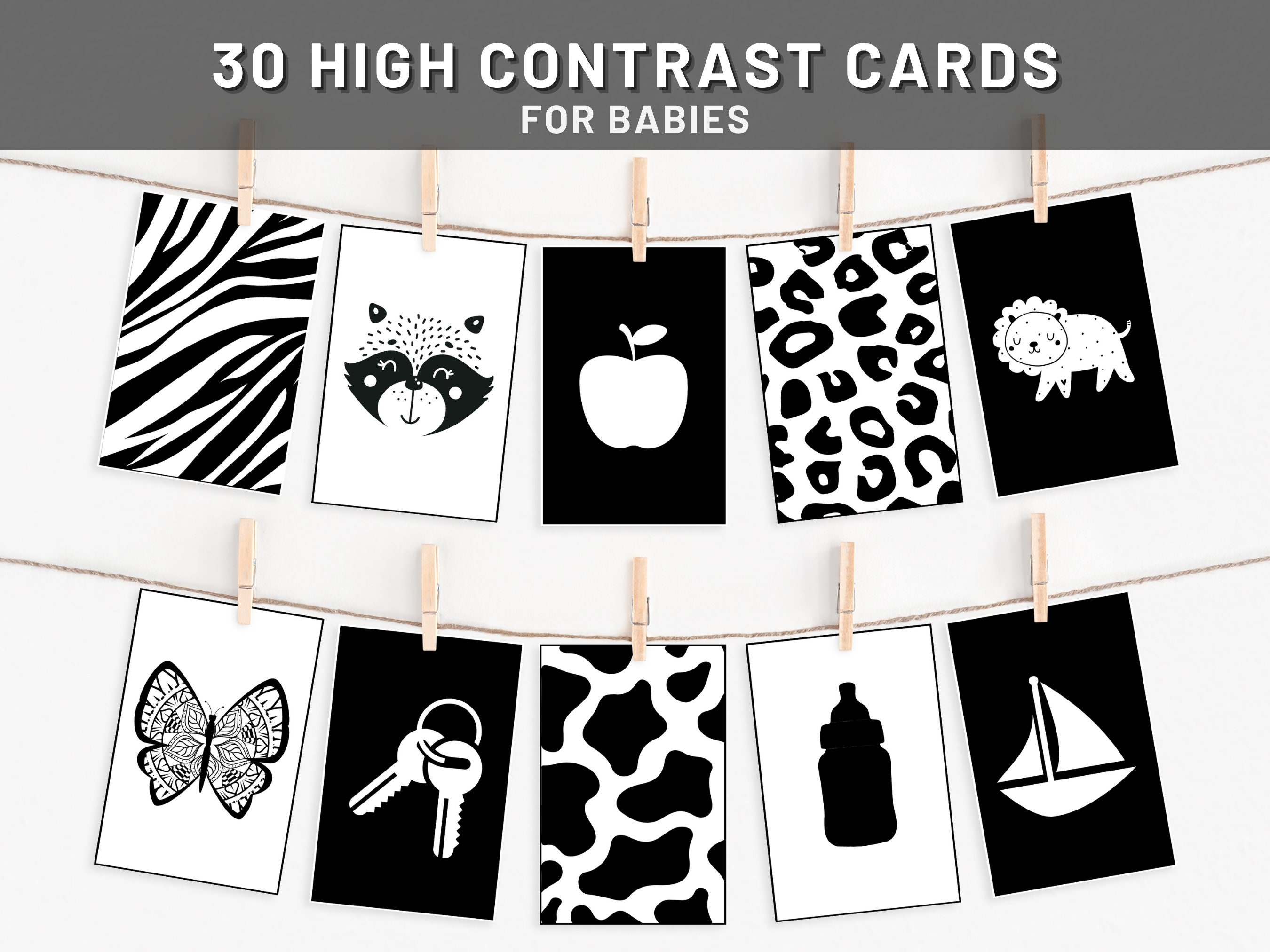 High Contrast Sensory Cards For Babies | Montessori Flashcards | Black and White Tummy Time Cards | Newborn Development Toys | Monochrome