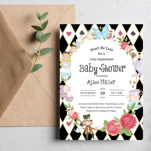 Alice In Wonderland Baby Shower Invitation, Mad Hatter Tea Party Baby Shower, Baby Girl Invite, Vintage Alice Invitation Template, Printable