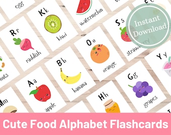 Cute Food Alphabet Flashcards | ABC Flashcards | Printable Flashcards | Letter Cards | Montessori Education | Preschool | Kindergarten