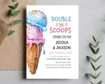 Twin Birthday Invitation, Pastel Ice Cream Party Invitation Two Scoops Twins First Birthday, Here&#39;s the Scoop Printable Ice Cream Invitation