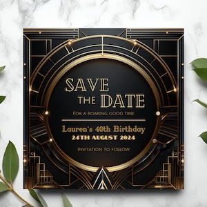 Great Gatsby Save the Date, Printable 1920s Birthday Invitation Digital, Black and Gold Roaring 20s Invitation, Murder Mystery 50th Birthday