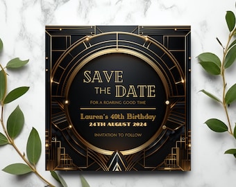 Great Gatsby Save the Date, Printable 1920s Birthday Invitation Digital, Black and Gold Roaring 20s Invitation, Murder Mystery 50th Birthday