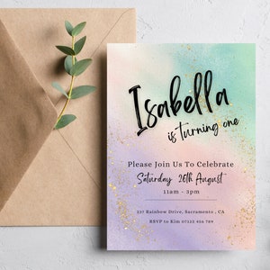 Pastel Rainbow Birthday Invitation, Pastel 1st Birthday Invite, Colorful Rainbow Birthday Girl Invite, Editable Rainbow Party Template