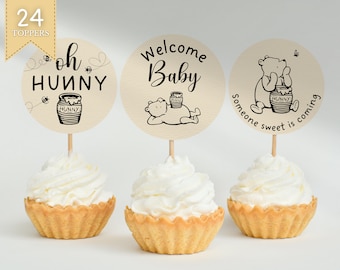 24 Classic Winnie the Pooh Baby Shower Cupcake Toppers | Vintage Winnie the Pooh | Printable Party Decorations | Circular Toppers | PNG, PDF