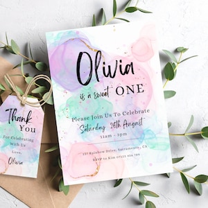 Pastel Rainbow Birthday Invitation, Pastel 1st Birthday Invite, Colorful Rainbow Birthday Girl Invite, Editable Rainbow Party Template