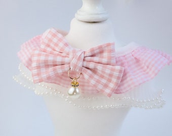 Handmade Pink Pearl Plaid Lace Collar Dog Cat Pet Necklace Pet Bib Bandana Bow