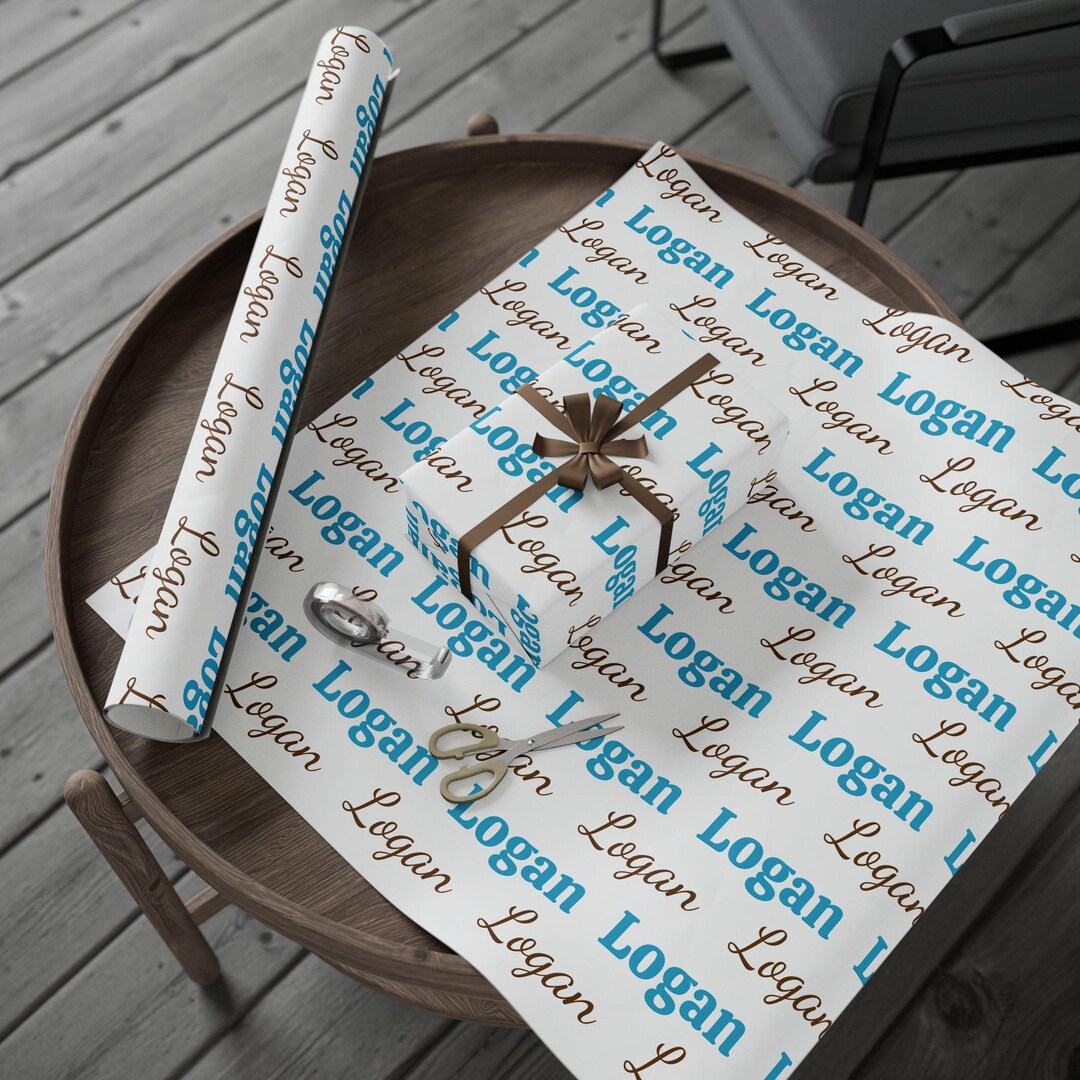 Personalized Name Gift Wrap | Custom Wrapping Paper | Blue & Brown - Etsy