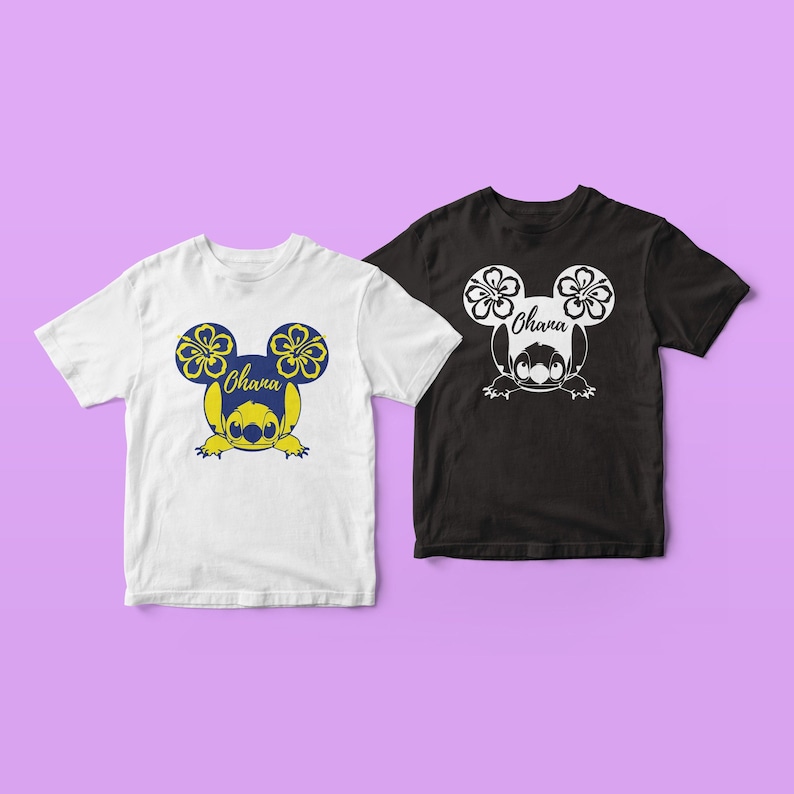 May include: Two t-shirts with a blue Stitch character wearing yellow flower Mickey Mouse ears. The text "Ohana" is on the shirt. One shirt is white and the other is black.