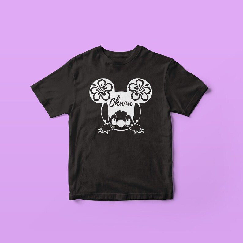 May include: Black t-shirt with a white graphic of a cartoon character with flower-shaped ears. The character's name "Ohana" is written on the shirt.
