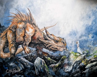 May include: A painting of a large, brown dragon with a white female figure standing on a rocky cliff in the background. The dragon has a long, pointed snout and sharp teeth. The female figure is wearing a white dress and has long, flowing hair.