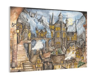 May include: A watercolor painting of a fantasy village with a large castle in the center. The village is nestled in a snowy mountain range and the castle has many windows with warm yellow light shining out. The moon is visible in the sky.