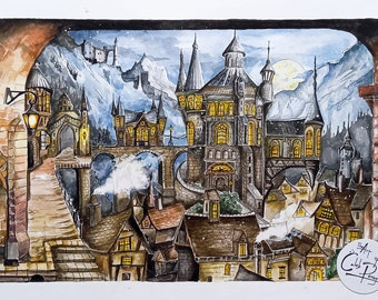 May include: A watercolor painting of a fantasy village with a large castle in the center. The village is nestled in a snowy mountain range with a full moon in the sky. The castle has many windows and towers, and the village has many small houses with chimneys.