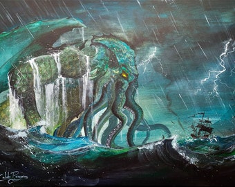 Cthulhu Giclee fine art Print | Epic Fantasy art, Giclee prints, Sea beast artwork, horror fan | lovecraft monster creature.