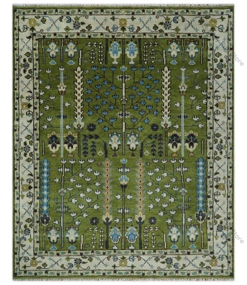 Hand-knotted Wool Oushak Rug: Green & Beige, Traditional Design - Etsy