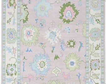 Hand-Knotted Wool Oushak Rug: Pink, Beige & Green - 5x8, 8x10, 6x9
