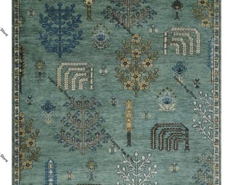 Hand-Knotted Wool Oushak Rug: Green Tree of Life Design