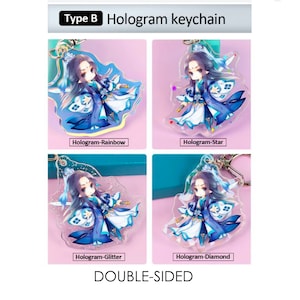 May include: Four double-sided hologram keychains showcasing a cartoon character in blue and white. Each keychain has a different holographic effect: rainbow, star, glitter, and diamond. The text "Type B Hologram keychain" and "DOUBLE-SIDED" are also visible.