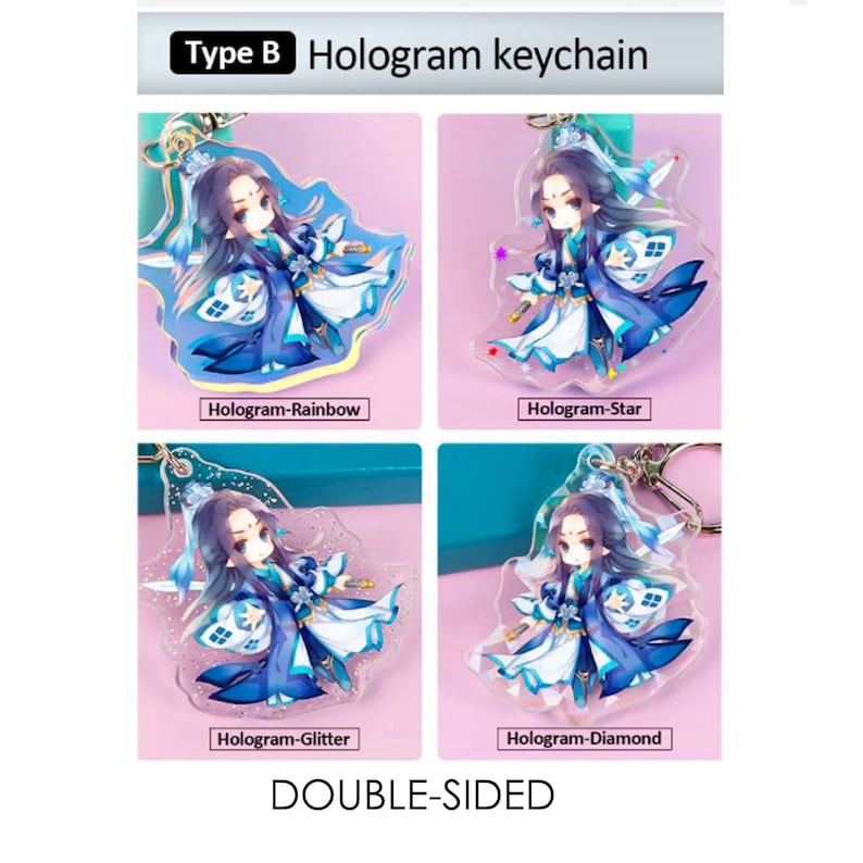 May include: Four double-sided hologram keychains showcasing a cartoon character in blue and white. Each keychain has a different holographic effect: rainbow, star, glitter, and diamond. The text "Type B Hologram keychain" and "DOUBLE-SIDED" are also visible.