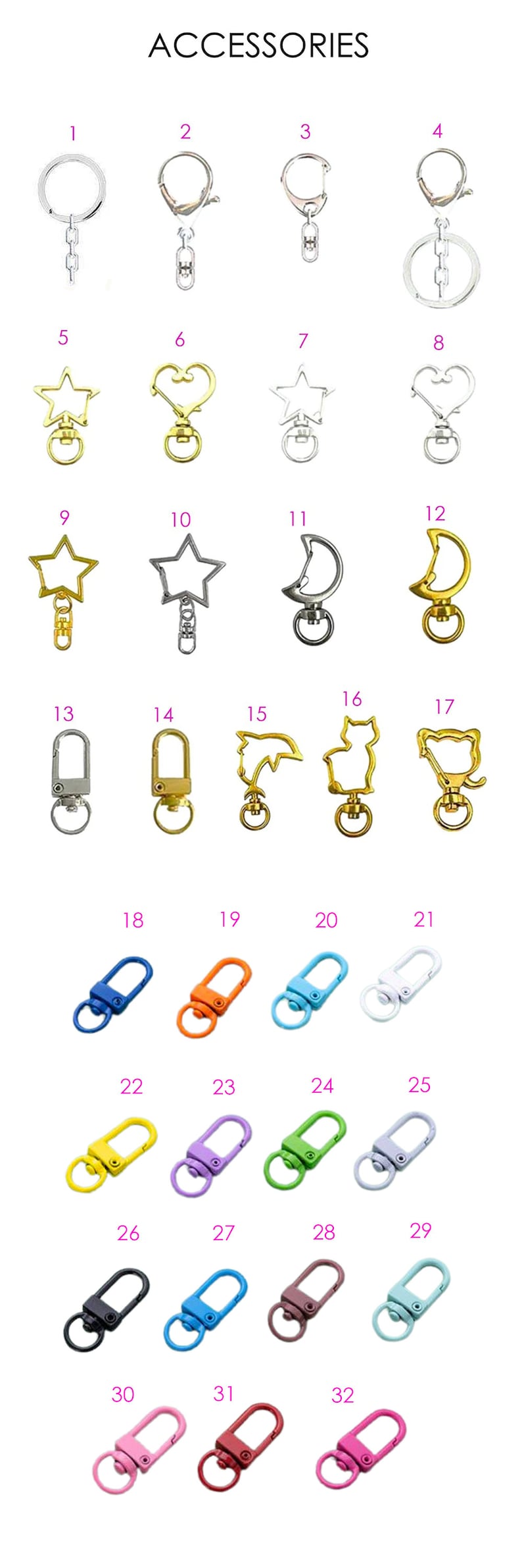 May include: A selection of metal keychain accessories, including split rings, lobster clasps, and swivel clasps. Some clasps are shaped like stars, hearts, and moons. Various colours are available, including blue, orange, and pink.