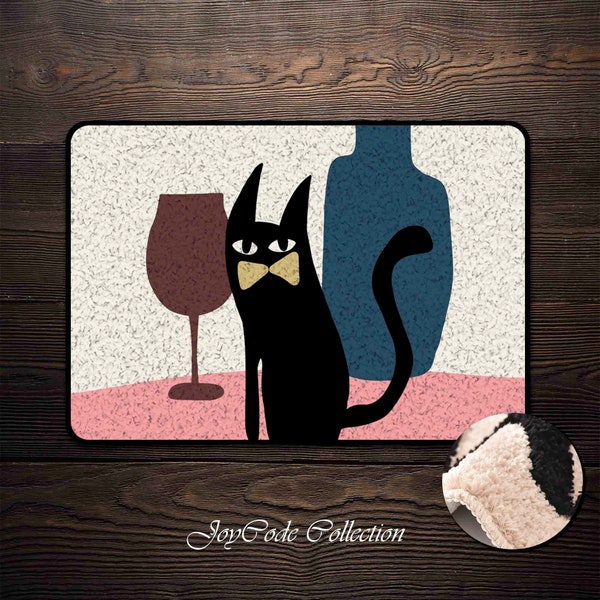 Gentleman Black cat Glass and Pot Tufted Yarn Dye Bath Mat, Fluffy Rug for Bathroom, Water Absorbent Non-Slip Bath Mat, Mat Gift for Her