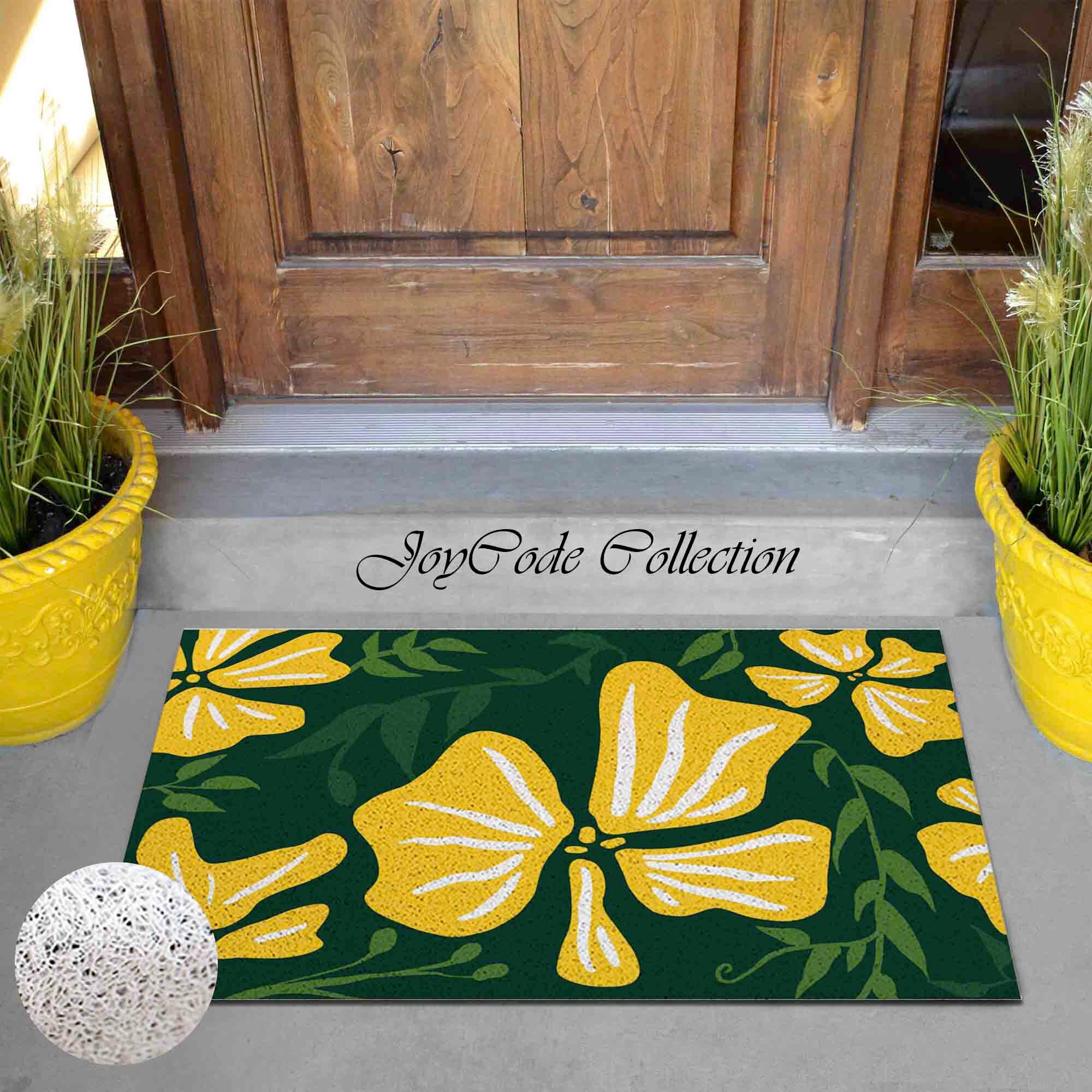 Yellow Buttercup Flower Entrance Door Mat, Leaves Patio Doormat, Floral