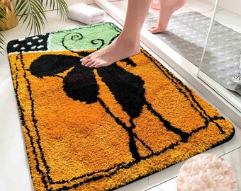 Abstract Flower Line and Blocks Tufted Yarn Dye Bath Mat, Fluffy Rug for Bathroom, Water Absorbent Non-Slip Bath Mat, Pets Floor Carpet