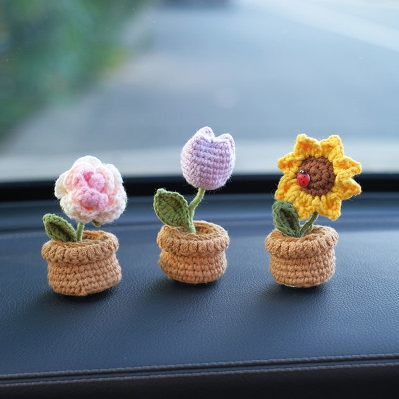 Sunflowe Car Accessories, Handmade Car Accessories Car Decorate, Car Dashboard Decor, Crochet Hanging Basket, Romantic Valentine's Day Gift image 6